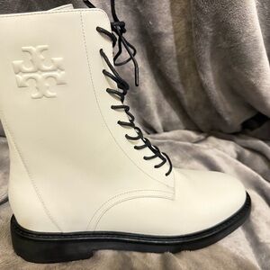 Tory Burch White Leather Lace-Up Combat Boot with Black Laces